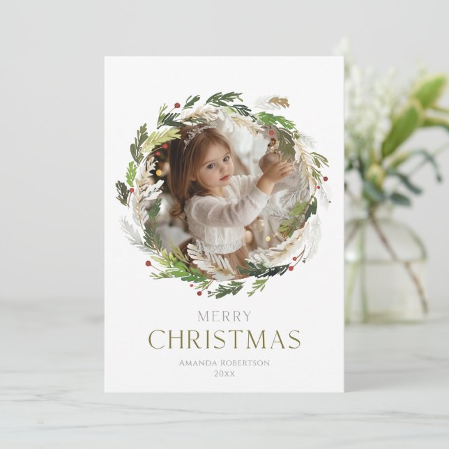 Weihnachtsgrün-Kranz-Fotokarte Feiertagskarte (Stehend Vorderseite)
