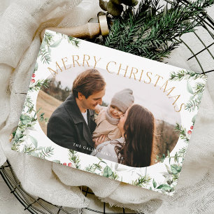 Weihnachtsgrün Laub Gold Glitter Foto Feiertagskarte