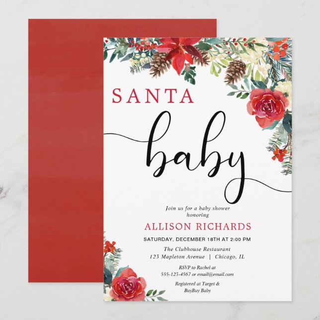 Weihnachtsgrün mit Blumen Weihnachtsgebäck Babydus Einladung (Vorne/Hinten)