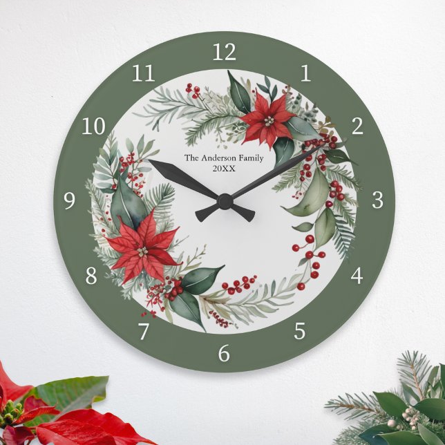 Weihnachtsgrün mit Red Poinsettias Custom Große Wanduhr (A personalized winter wall clock, with red poinsettia flowers and green leaves)