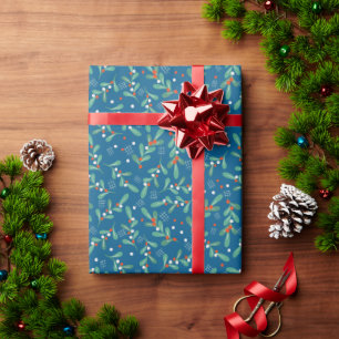 Weihnachtsgrün mit Stechpalmenbeeren Blau Rot Weiß Geschenkpapier