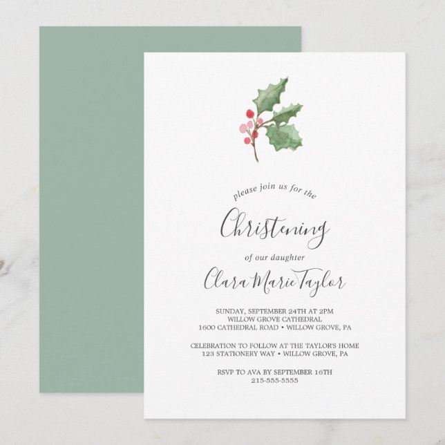 Weihnachtsgrün & Red Berry Christening Einladung (Vorne/Hinten)