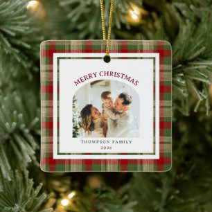 Weihnachtsgrün-Rot-Beige-Karo-Bogen-Foto Keramikornament