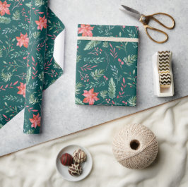 Weihnachtsgrün Rot Florals Dunkelgrün Geschenkpapier