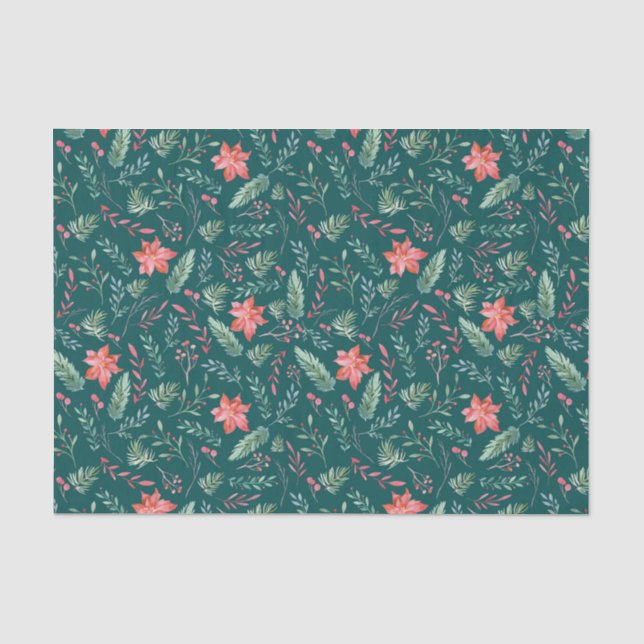 Weihnachtsgrün Rot Florals Dunkelgrün Seidenpapier (Vorderseite)