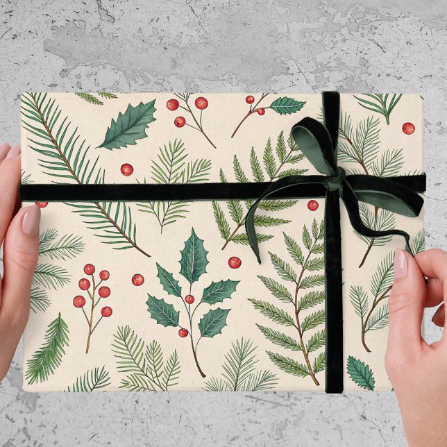 Weihnachtsgrün rote Beeren Tannenbaum Urlaub  Geschenkpapier (Von Creator hochgeladen)