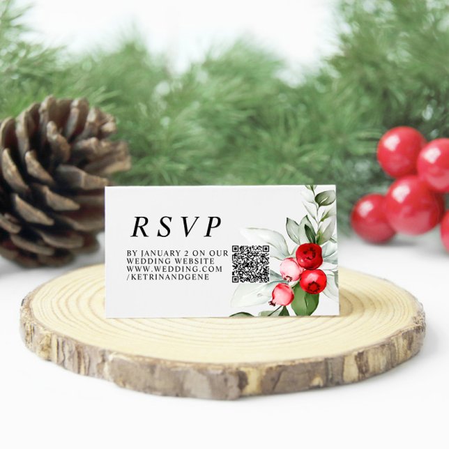 Weihnachtsgrün & Rote Berries Hochzeit QR UAWG Begleitkarte (Von Creator hochgeladen)