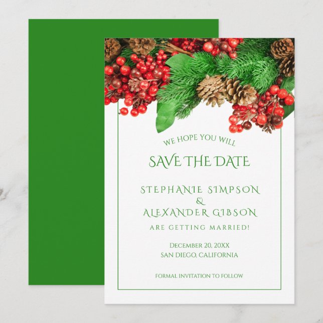 Weihnachtsgrün Rote Berries Hochzeit Save The Date (Vorne/Hinten)