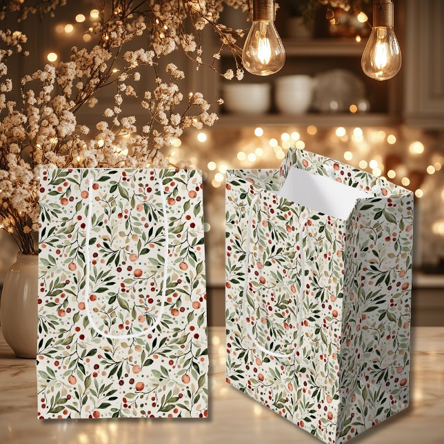Weihnachtsgrün Rote Berries Mittlere Geschenktüte (Festive Christmas Greenery Red Berries Medium Gift Bag)