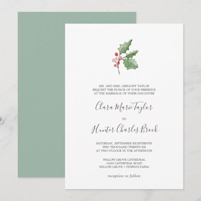 Weihnachtsgrün & Rote Berry Feierliche Hochzeit Einladung (Vorne/Hinten)