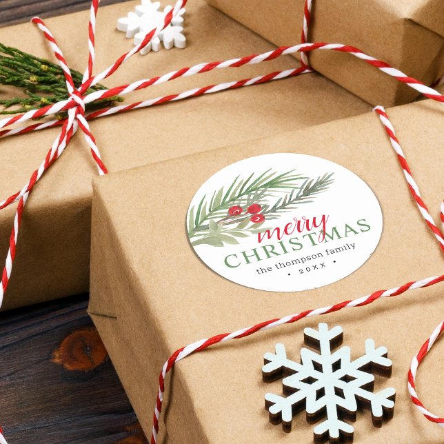 Weihnachtsgrün Runder Aufkleber (Festive Christmas Greenery Classic Round Sticker)