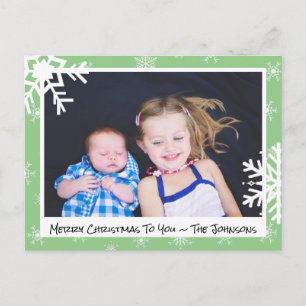 Weihnachtsgrün Schneeflocken Familienfotokarte Postkarte