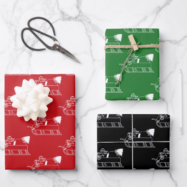 Weihnachtsgrün Schwarz-weißes Weihnachtsmuster Geschenkpapier Set (Vorderseite)