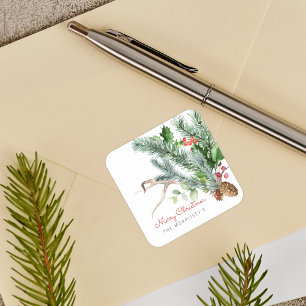Weihnachtsgrün Tannenzapfen Geweih Beeren Quadratischer Aufkleber