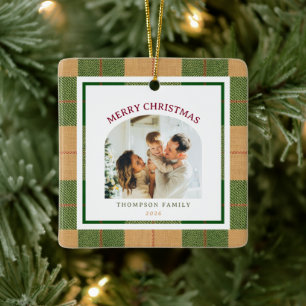 Weihnachtsgrün und Beige Karierter Bogen Foto Keramikornament