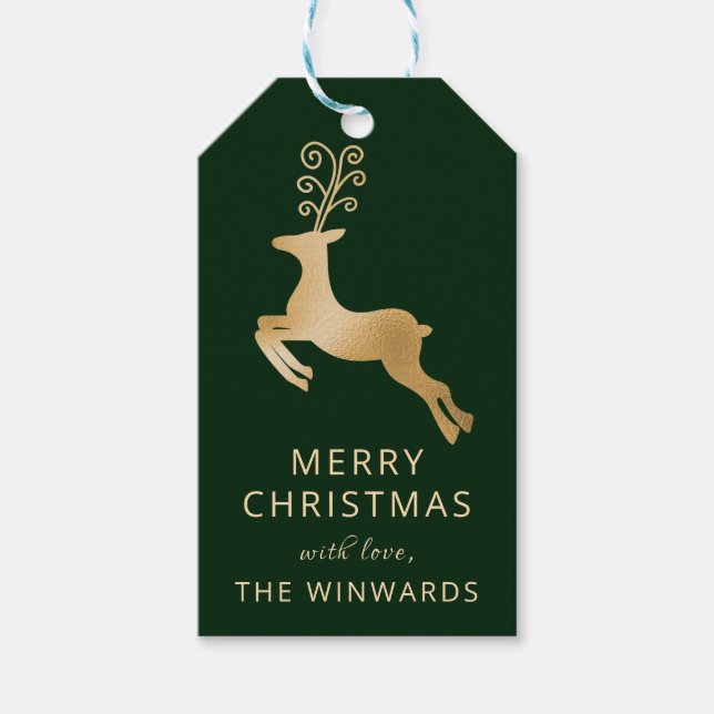 Weihnachtsgrün und Goldene Rentiere Geschenkanhänger (Vorderseite)