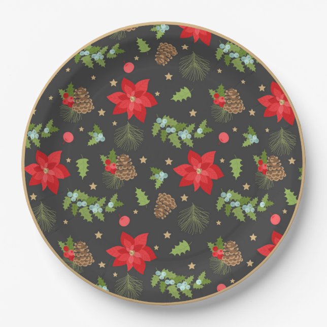 Weihnachtsgrün und Poinsettia Weihnachtsschild Pappteller (Vorderseite)