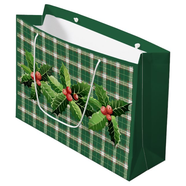 Weihnachtsgrün Weiß Kariert Große Geschenktasche Große Geschenktüte (Vorderseite Schrägansicht)