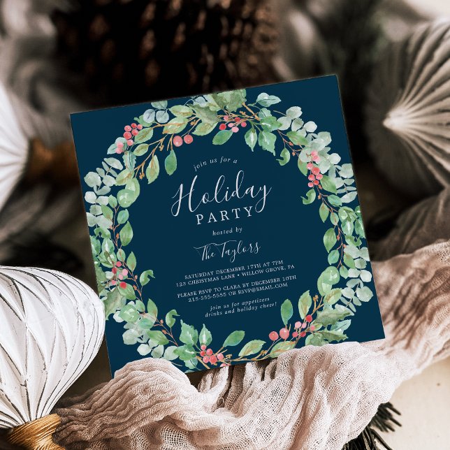 Weihnachtsgrün Wreath Marine Feiertage Party Einladung (Christmas Greenery Wreath Navy Holiday Party Invitation)