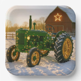 Weihnachtsgrüner Traktor mit leuchtenden Lichtern Pappteller