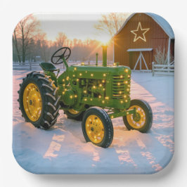 Weihnachtsgrüner Vintage-Traktor mit roter Scheune Pappteller