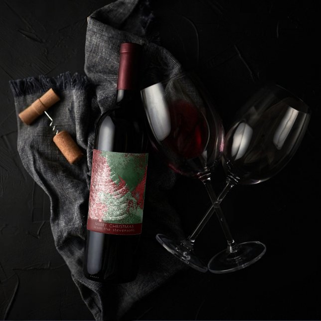 Weihnachtsgrunge | Rot Grün und Weiß XMas Tree Weinetikett (Von Creator hochgeladen)