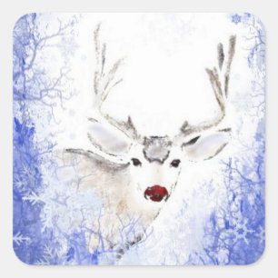 Weihnachtsgruß-Rotwild-Blau-Schneeflocken Quadratischer Aufkleber