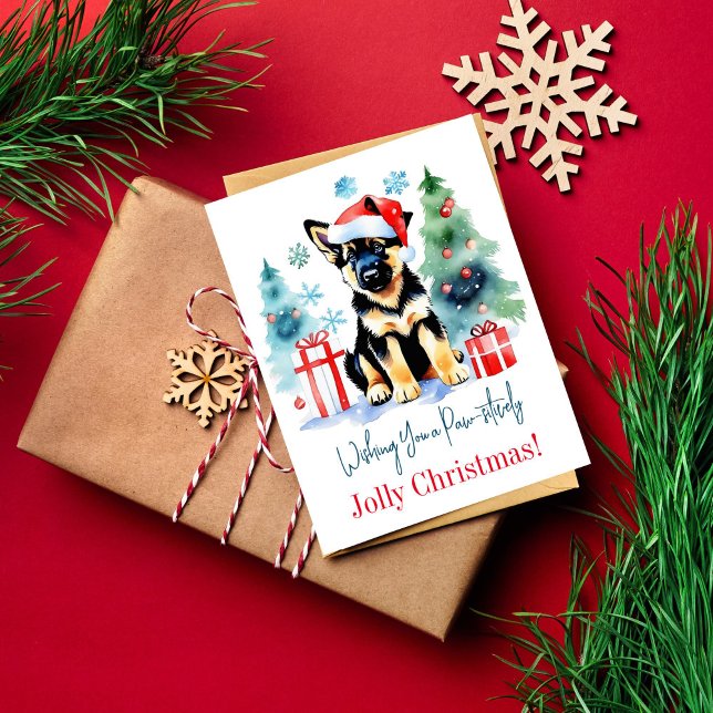Weihnachtsgrüße für Hunde Postkarte (Cute German Shepherd puppy Christmas greetings postcard watercolor puppy in Santa hat by gift boxes)