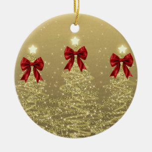 Weihnachtsgrüße Goldene Weihnachtsbäume mit roten  Keramik Ornament