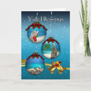 Weihnachtsgrüße mit Strandkulisse Katzen und Vögel Feiertagskarte