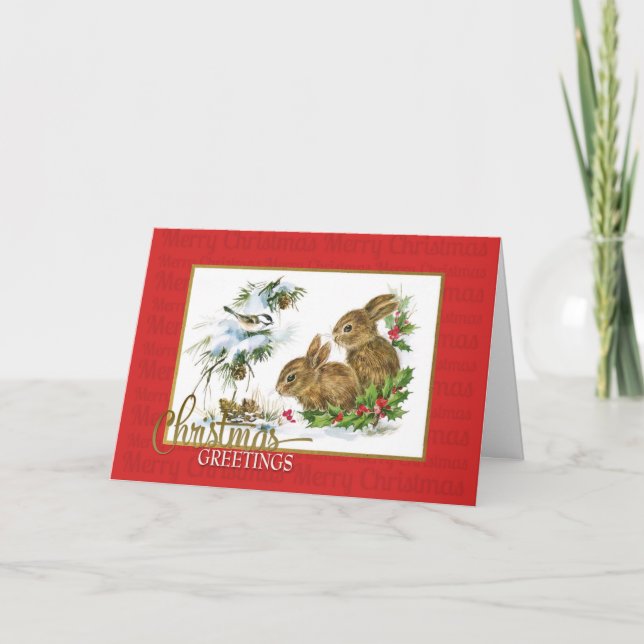 Weihnachtsgrüße Rabbits Vintag Reproduction Karte (Vorderseite)
