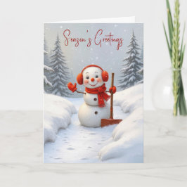 Weihnachtsgrüße Schneemann mit einer roten Schaufe Karte