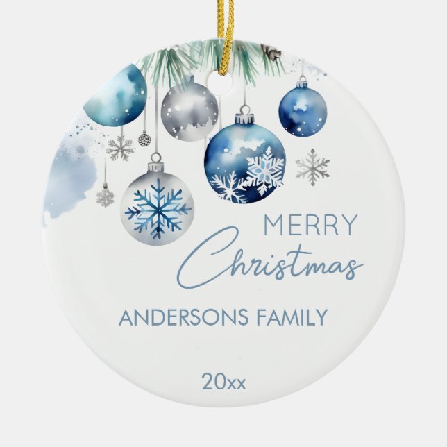 Weihnachtsgrüße silberblaue Baubles Foto Keramik Ornament (Vorne)
