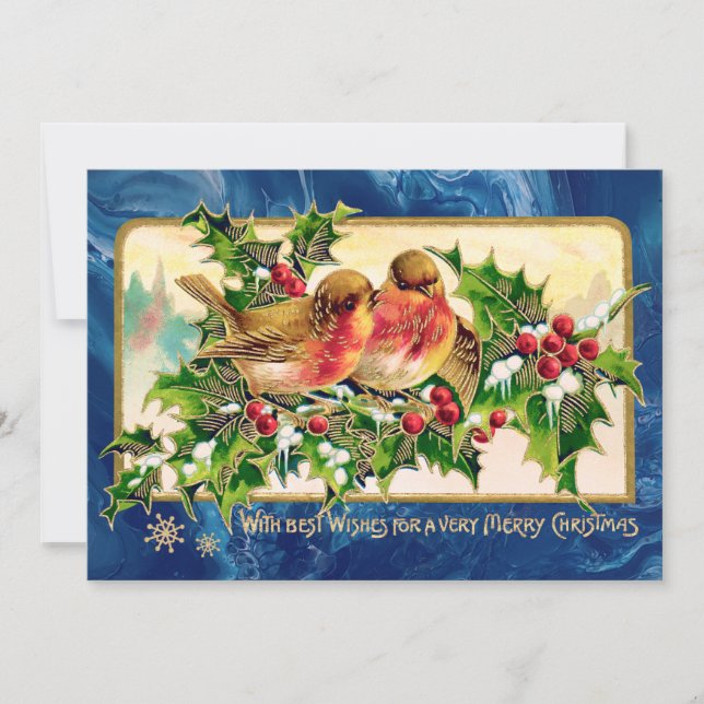 Weihnachtsgrüße Vögel Holly Imitate Gold Mitteilungskarte (Vorderseite)