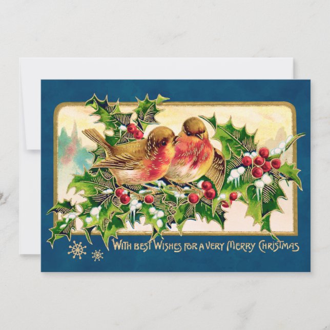 Weihnachtsgrüße Vögel Holly Imitate Gold Mitteilungskarte (Vorderseite)