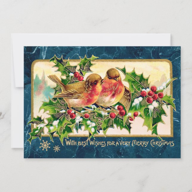 Weihnachtsgrüße Vögel Holly Imitate Gold Mitteilungskarte (Vorderseite)