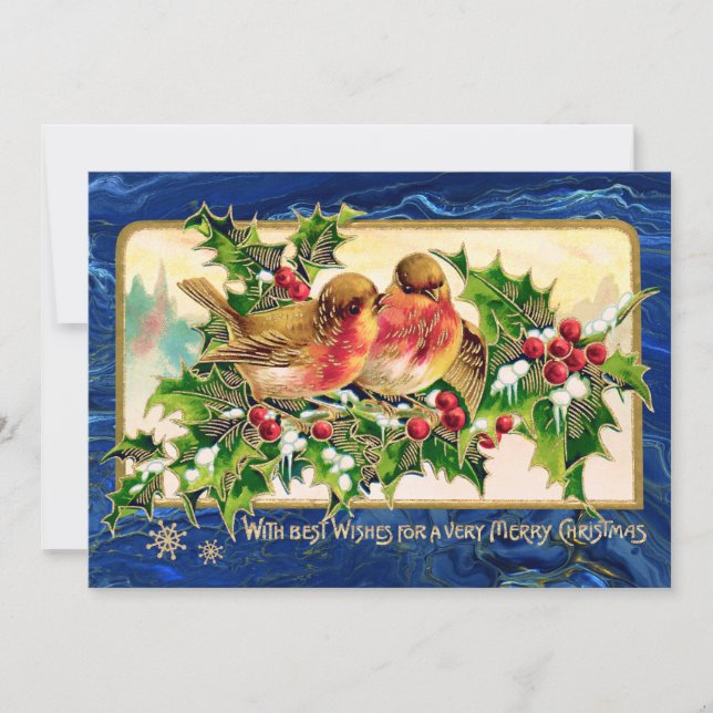 Weihnachtsgrüße Vögel Holly Imitate Gold Mitteilungskarte (Vorderseite)