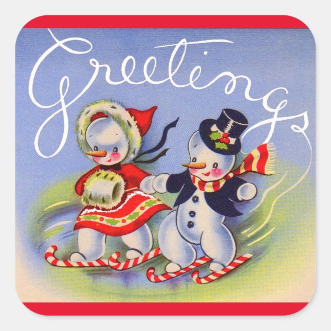 Weihnachtsgrüße von Herrn und Frau Snowman Quadratischer Aufkleber (Vorderseite)