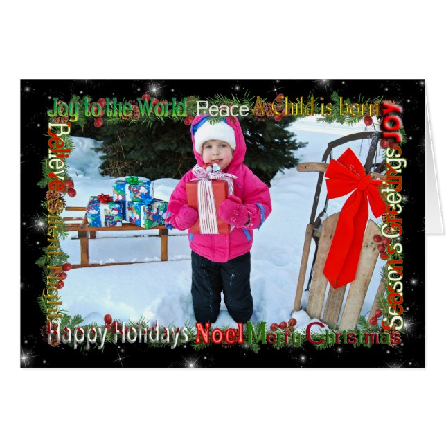 Weihnachtsgrüße Wort Foto Rahmen auf schwarz (Vorderseite (Horizontal))