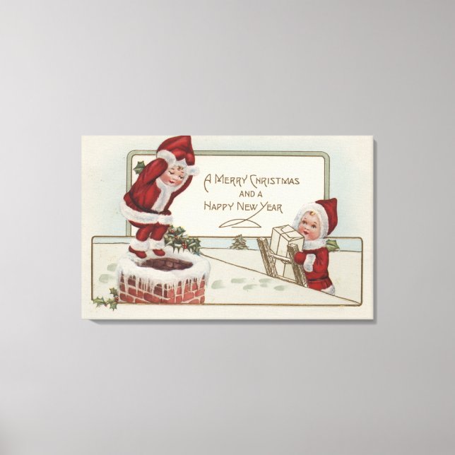 WeihnachtsgrüßeKleine KinderKamin Leinwanddruck (Vorderseite)