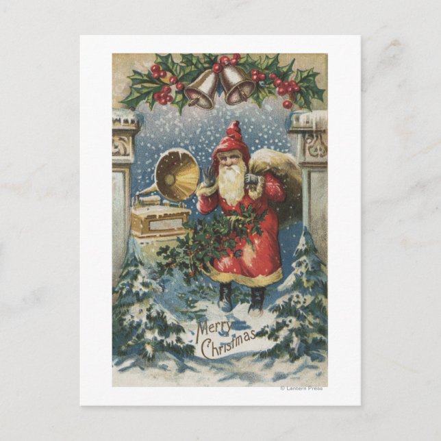 WeihnachtsgrüßeWeihnachtsmann und Plattenspieler Feiertagspostkarte (Vorderseite)