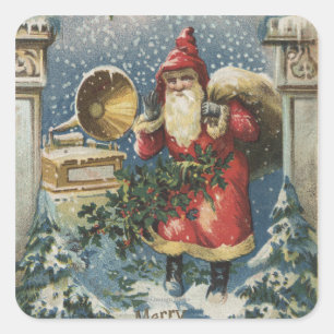 WeihnachtsgrüßeWeihnachtsmann und Plattenspieler Quadratischer Aufkleber
