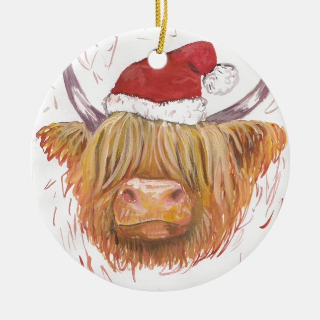 Weihnachtsgurren Hochland-Kuh mit Weihnachtshut Keramik Ornament (Vorne)