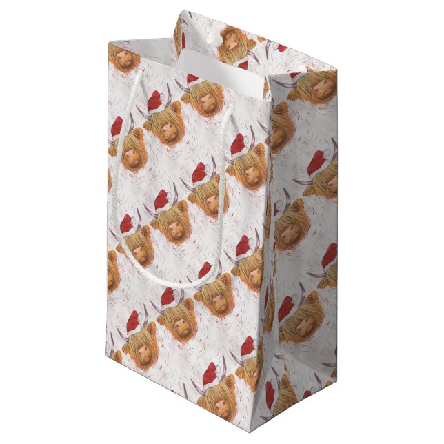 Weihnachtsgurren Hochland-Kuh mit Weihnachtshut Kleine Geschenktüte (Vorderseite Schrägansicht)