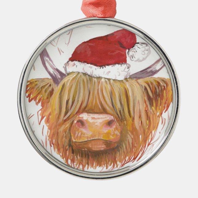 Weihnachtsgurren Hochland-Kuh mit Weihnachtshut Silbernes Ornament (Vorne)