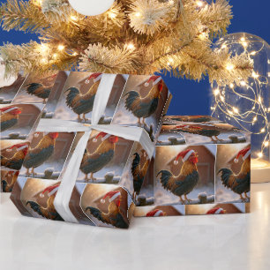 Weihnachtshahn kräht auf einem schneebedeckten Zau Geschenkpapier