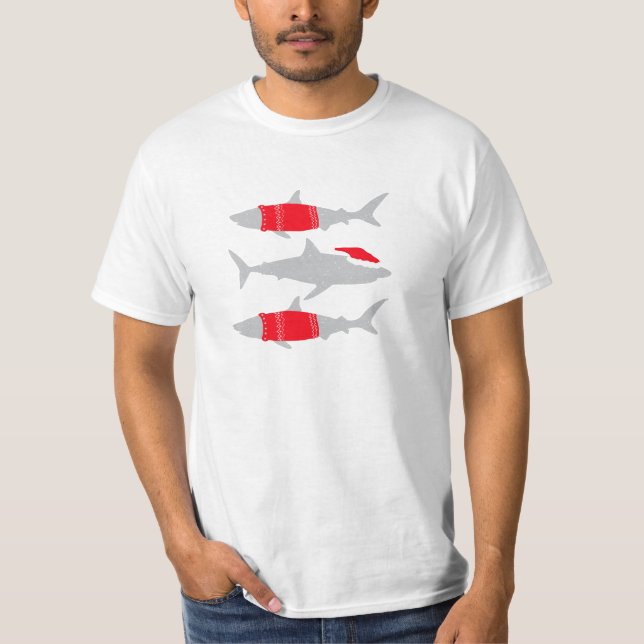Weihnachtshaie in Weihnachtsmannmützen und Jumpers T-Shirt (Vorderseite)