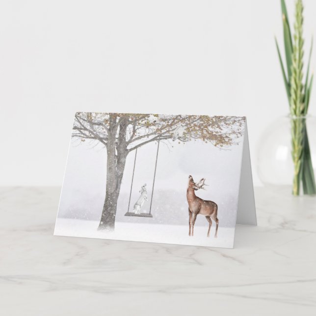Weihnachtshasen auf Baum auf Winterschwung Karte (Vorderseite)