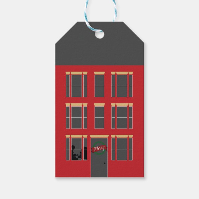 Weihnachtshaus-Fassade mit Klavier im Fenster Geschenkanhänger (Vorderseite)