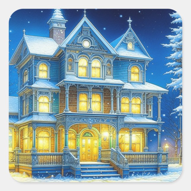 Weihnachtshaus für einen schneebedeckten Nachturla Quadratischer Aufkleber (Vorderseite)
